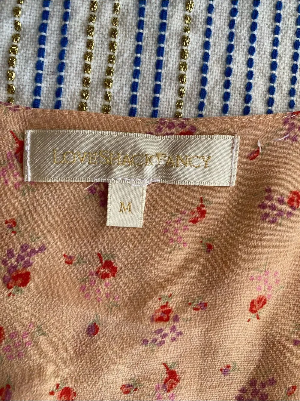 LoveShackFancy Peach Floral V‑Neck Peplum Blouse Silk Sz M